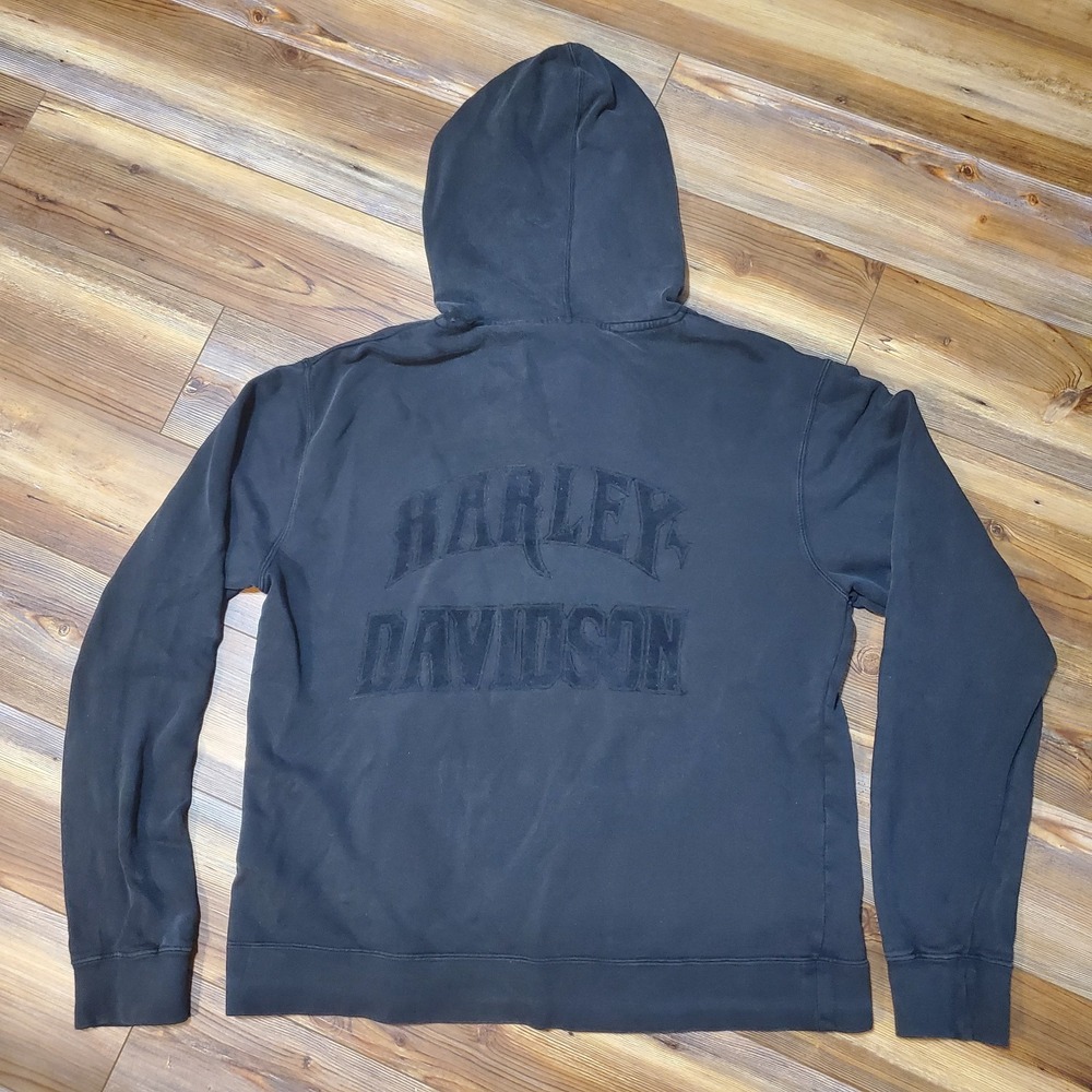 Vintage Harley Davidson Mens Faded Black Full Zip Hoodie Sweatshirt Large
